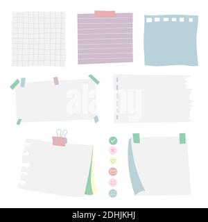 Paper torn page notes. Papers of different size glued to wall with tape. Vector Stock Vector