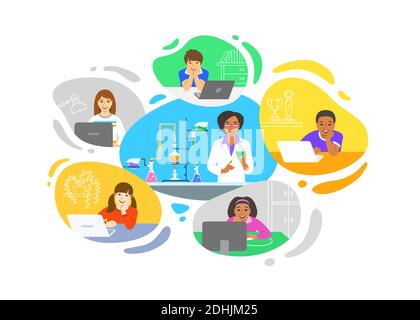 Virtual chemistry class online school distance learning teleconference. Kids stay home watching black woman teacher video lesson by computer. Remote e Stock Vector