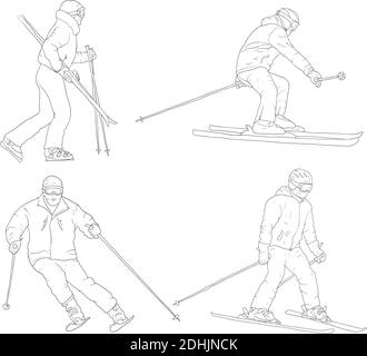 Set sketches silhouettes snowboarders on white background illustration. Stock Vector