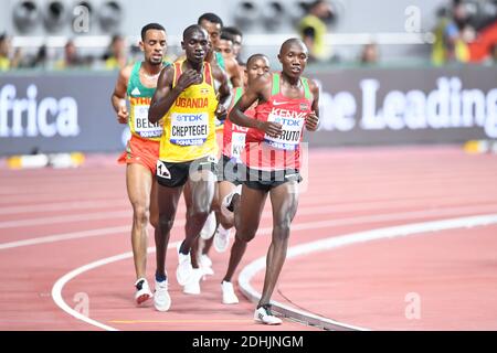 Rhonex Kipruto (Kenya, Bronze Medal), Joshua Cheptegei (Uganda, Gold Medal). 10000 Metres men final. IAAF World Athletics Championships, Doha 2019 Stock Photo