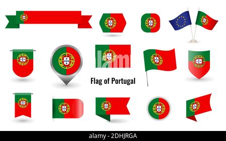 The Flag of Portugal. Big set of icons and symbols. Square and round Portugal flag. Collection of different flags of horizontal and vertical. vector i Stock Vector