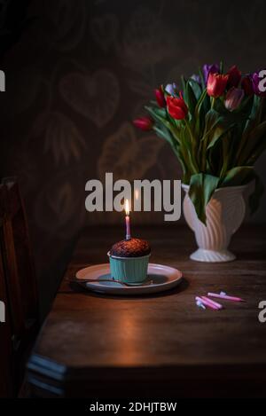 Festive birthday chocolate cupcake with burning candle served on wooden table near vase with fresh tulips in dark room Stock Photo