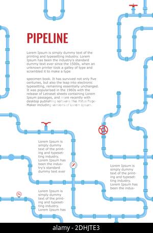 Vertical Industrial Infographics with Blue pipes for water, gas, oil, sewage. background for flyers or brochure. Vector illustration in a flat style. Stock Vector