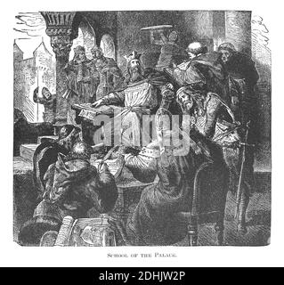 19th-century illustration of a scene in the school of the Palace of Charlemagne in Aachen. Original artwork published in 'A pictorial history of the w Stock Photo