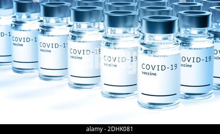 Vaccine against coronavirus. COVID-19 vaccine in phial. 3d illustration. Blue color. Stock Photo