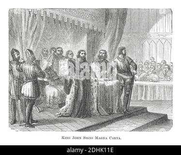 19th-century illustration of a scene where King John (1166 – 1216), also known as John Lackland showing sealed Magna Carta in England 15th of June 121 Stock Photo
