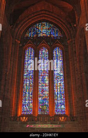 Tracey Emin artwork 'For You' 2008. ‘I felt you and I knew you loved me.’ in pink neon below the benedictine window, Liverpool Anglican Cathedral, UK Stock Photo