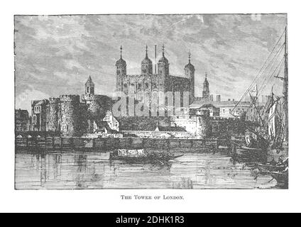 19th-century illustration of the Tower of London circa 15th century. Original artwork published in 'A pictorial history of the world's great nations: Stock Photo