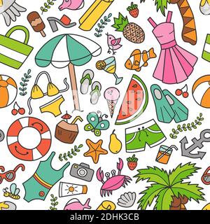 Sea and summer seamless pattern in doodle style. Hand drawn vector Stock Vector