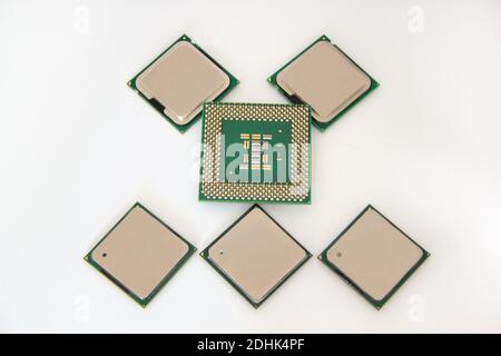 Group from six CPU isolated on a white background. Modern technology. Stock Photo