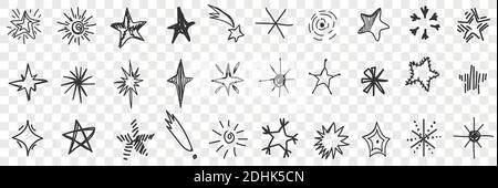 Stars doodle set. Collection of hand drawn shining and falling stars in sky isolated on transparent background. Illustration of bright various stars of different shapes and brightness  Stock Vector