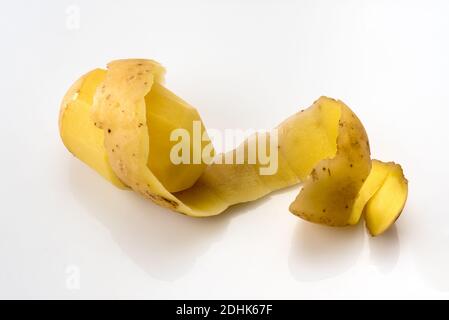 peeled potato with spiral peel isolated on white Stock Photo