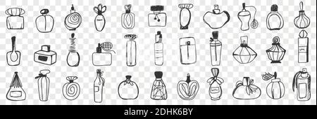 Perfume containers doodle set. Collection of hand drawn vintage stylish bottle and jars for perfume and toilet water isolated on transparent background. Illustration of glass bottles with fragrances  Stock Vector