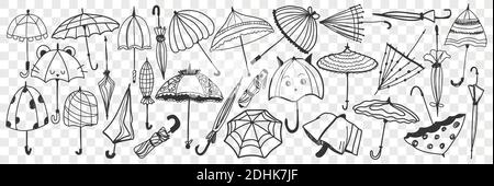 Umbrella doodle set. Collection of hand drawn various open and closed umbrellas for protecting from rainy weather isolated on transparent background. Illustration of stylish casual accessory  Stock Vector