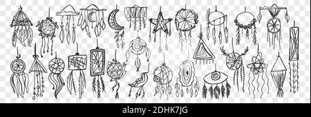 Dream catcher doodle set. Collection of hand drawn traditional indian tribal ethnic decoration for home interior and relaxation isolated on transparent background. Illustration of feather native art Stock Vector