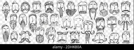 Beard and mustache doodle set. Collection of funny hand drawn male head with different style of beards and moustache isolated on transparent background. Illustration of brutal men facial hairstyle  Stock Vector