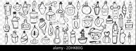 Glass containers doodle set. Collection of hand drawn bottle, jar, vial, flask for keeping liquids at home isolated on transparent background. Illustration of glassware of various sizes and shapes  Stock Vector