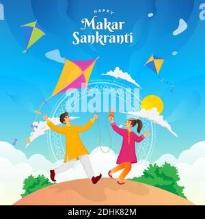 Happy Makar Sankranti greeting card. indian boy and girl playing kite celebrating Makar Sankranti festival Stock Vector
