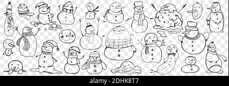 Snowman doodle set. Collection of funny hand drawn cute snowmen in scarves and accessories isolated on transparent background. Illustration of winter traditional entertainment and character for kids. Stock Vector