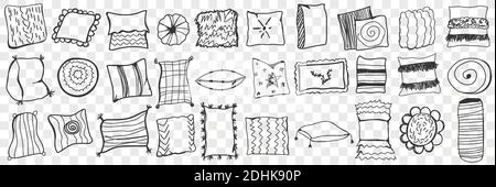 Pillows doodle set. Collection of hand drawn various textile soft pillows for comfortable sleeping and relaxing at home isolated on transparent background. Illustration of cushion and bed accessories Stock Vector