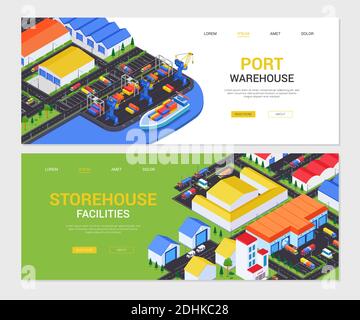 Storehouse facilities - set of modern colorful isometric web banners with copy space for text. Urban landscapes with shipping terminals, cargo, boat, Stock Vector