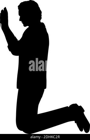 Silhouette of man kneeling with raised hands. Illustration symbol icon Stock Vector