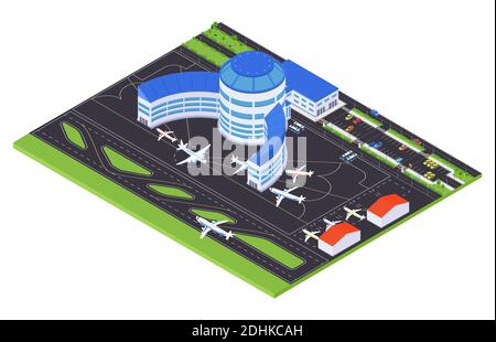 Airport infrastructure - modern vector colorful isometric illustration. A composition with aerodrome, airplanes, hangars, terminals, parking lots, tax Stock Vector