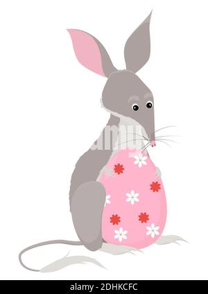 Cartoon illustration of cute bilby mascot holding big pink Easter egg, little bandicoot Australian holiday symbol for greeting cards and posters isola Stock Vector