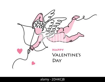 Cupid, amur vector line art card for Valentines day. One continuous lineart drawing of small angel archer with arrow and bow Stock Vector