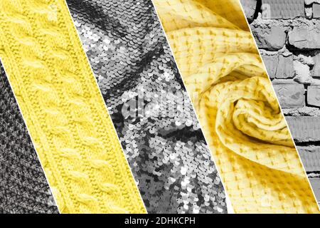 Collage of different texture knitted, brick wall, textile and sparkles in trendy Ultimate Grey and Illuminating Yellow colors of the 2021 year. Stock Photo