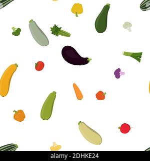 Vector illustration zucchini, eggplant, celery, pepper, tomato, broccoli, cauliflower, onion carrot Seamless pattern background with farm vegetables Stock Vector