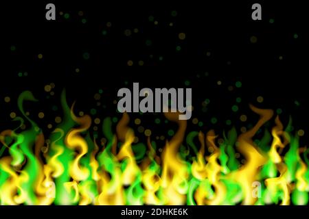 Green and yellow fire on black background. Neon flame vector illustration. Blaze design. Stock Vector