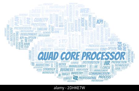 Quad Core Processor typography word cloud create with text only. Stock Photo