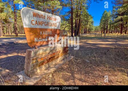 The Entrance Sign for the White Horse Lake Campground in the Kaibab National Forest near Williams Arizona. Public land, no property release needed. Stock Photo