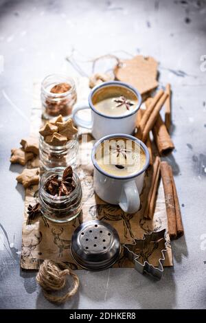 Winter coffee time.Sweet gingerbread cookie.Healthy food and drink.Christmas espresso. Stock Photo