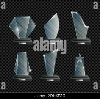 Awards vector realistic illustrations set. Success, achievement, championship, competition victory. Sports and cinema 3D rewards pack. Stock Vector