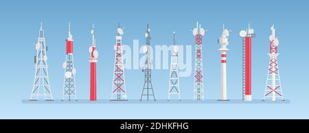 Radio towers vector illustration, cartoon towered antenna constructions for cell telecom communication, flat towering broadcast building equipment set Stock Vector