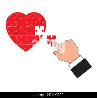 Hand putting together a heart-shaped puzzle. Stock Vector
