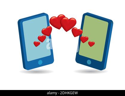 Two mobile phones with hearts popping out of their screens. Vector illustration. Stock Vector