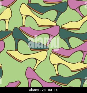 Vector seamless pattern of high heels. Woman shoes in stack. Different colorful shoes. Wallpaper design for store. Stock Vector