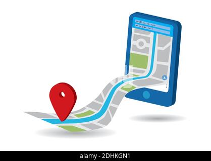 Map and pointer coming out of a mobile phone screen. Vector illustration. Stock Vector
