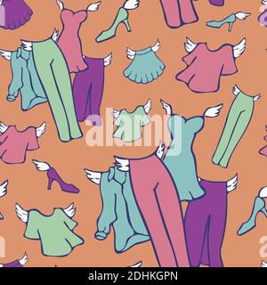 Vector seamless pattern of clothes with wings. Pants, skirts, shoes and shirts flying. Wallpaper design for store. Stock Vector