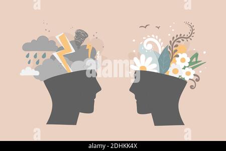 Mental health concept. Two heads, one contains bad weather, clouds, thunderstorms, rains. The second with flowers growing in it. Psychological help Stock Vector