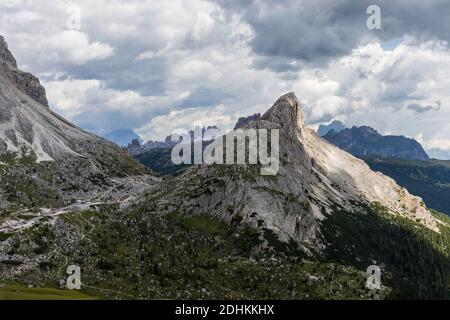 View towards Sass de Stria mountain (2.477 m) and Passo di Valparola (Valparola Pass), Dolomites, Veneto, Italy Stock Photo