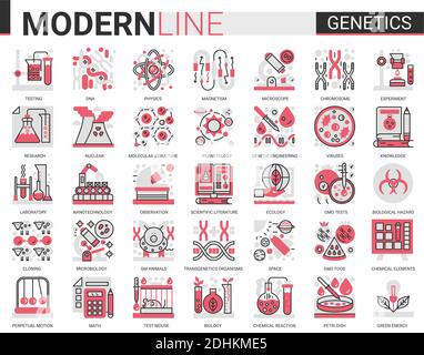 Biochemistry genetics engineering modification, human DNA, reproduction and cloning, research laboratory complex red black flat line icons set vector illustration Stock Vector