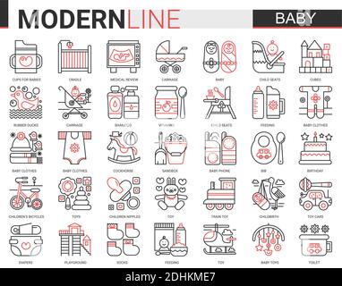 Baby care web icon vector illustration set. Red black complex thin line design of newborn infant child, baby accessories, clothes and toys. Maternity and childhood outline collection. Stock Vector