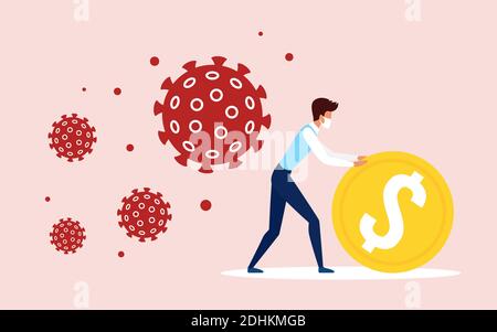 Save and protect business during coronavirus pandemic concept vector illustration. Cartoon businessman in protective mask rolling cash gold coin, saving money wealth from virus attacks background Stock Vector