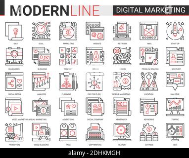 Digital marketing complex red black outline line icons vector illustration. Stock Vector