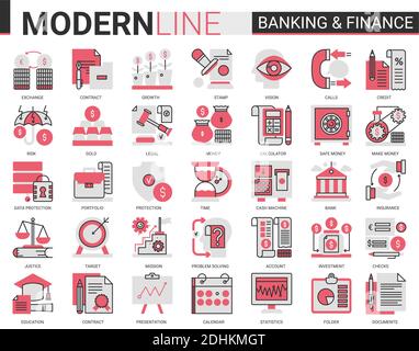 Finance and banking complex flat line red black icons vector illustration set. Creative website financial outline symbols of digital bank software, legal insurance and cyber security business Stock Vector