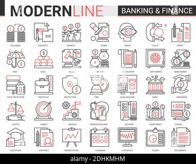 Finance and banking complex red black line icons vector illustration set. Creative website financial outline symbols of digital bank software, legal insurance and cyber security business collection. Stock Vector